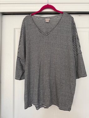 Chico’s Navy and White Striped V-Neck Tunic